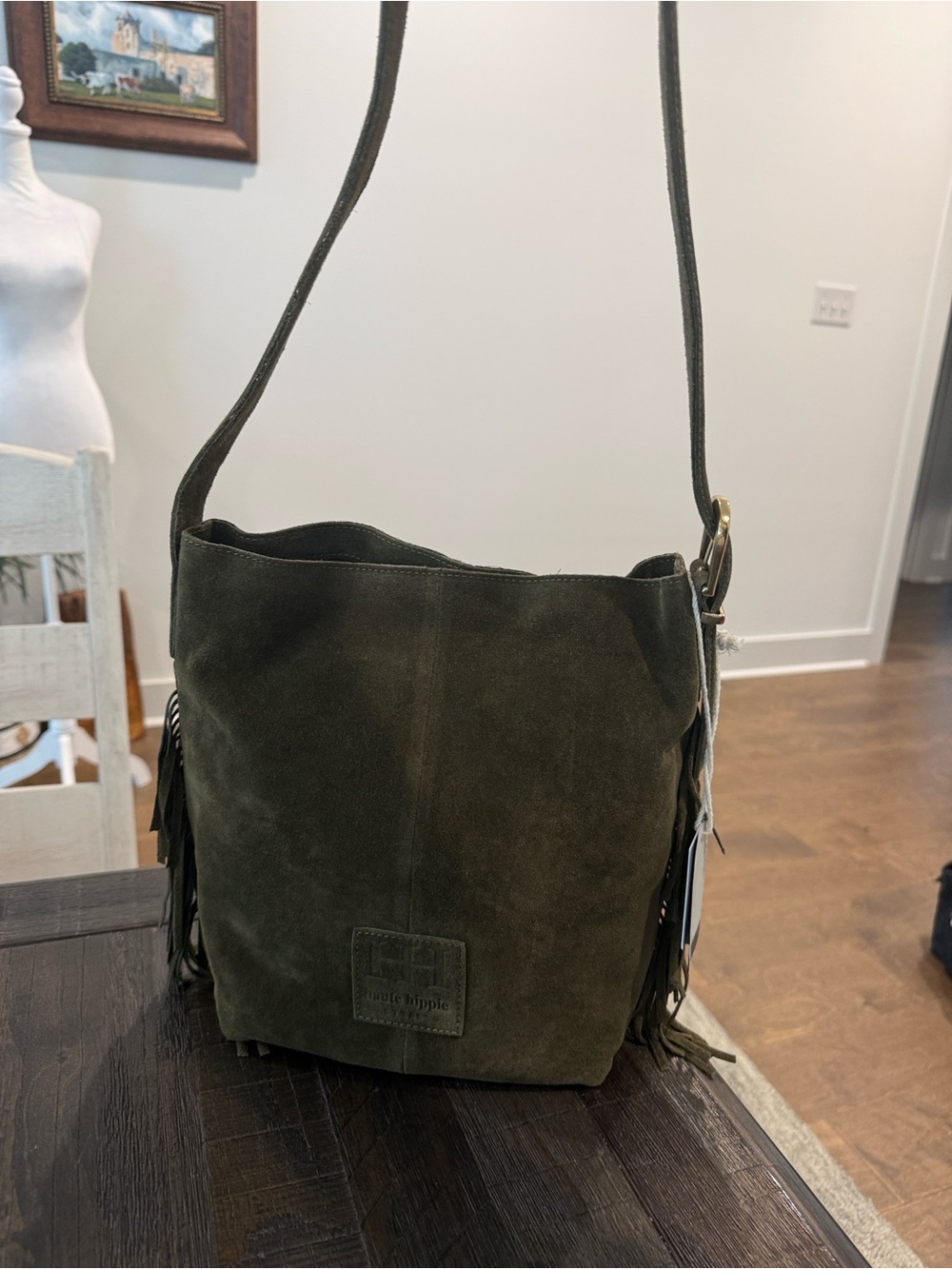 Haute Hippie Suede Fringe Olive Green Bucket Shoulder Bag Purse NWT - Picture 9 of 16